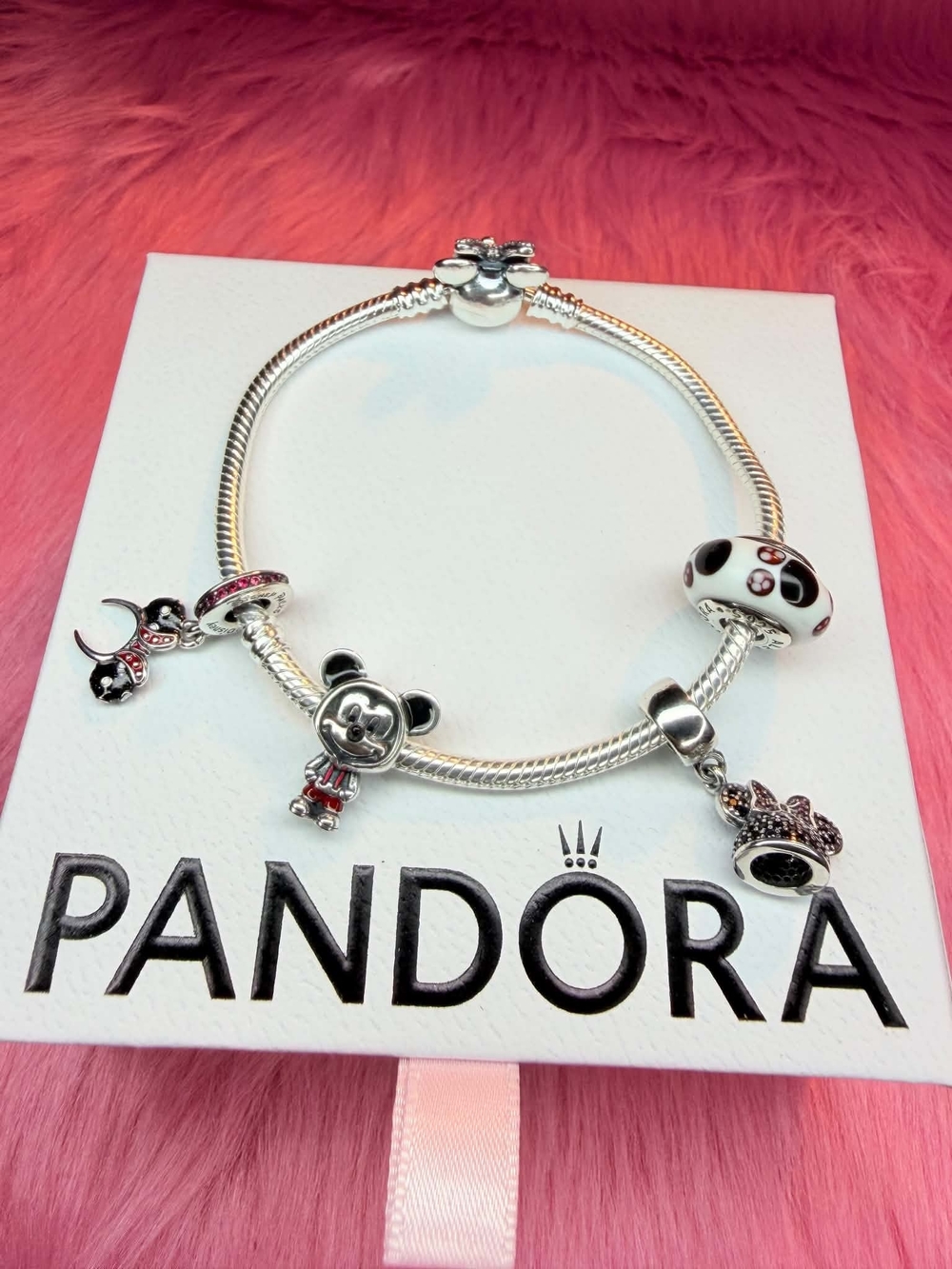 Pandora Silver Charm Bracelet with Pink and White Accents